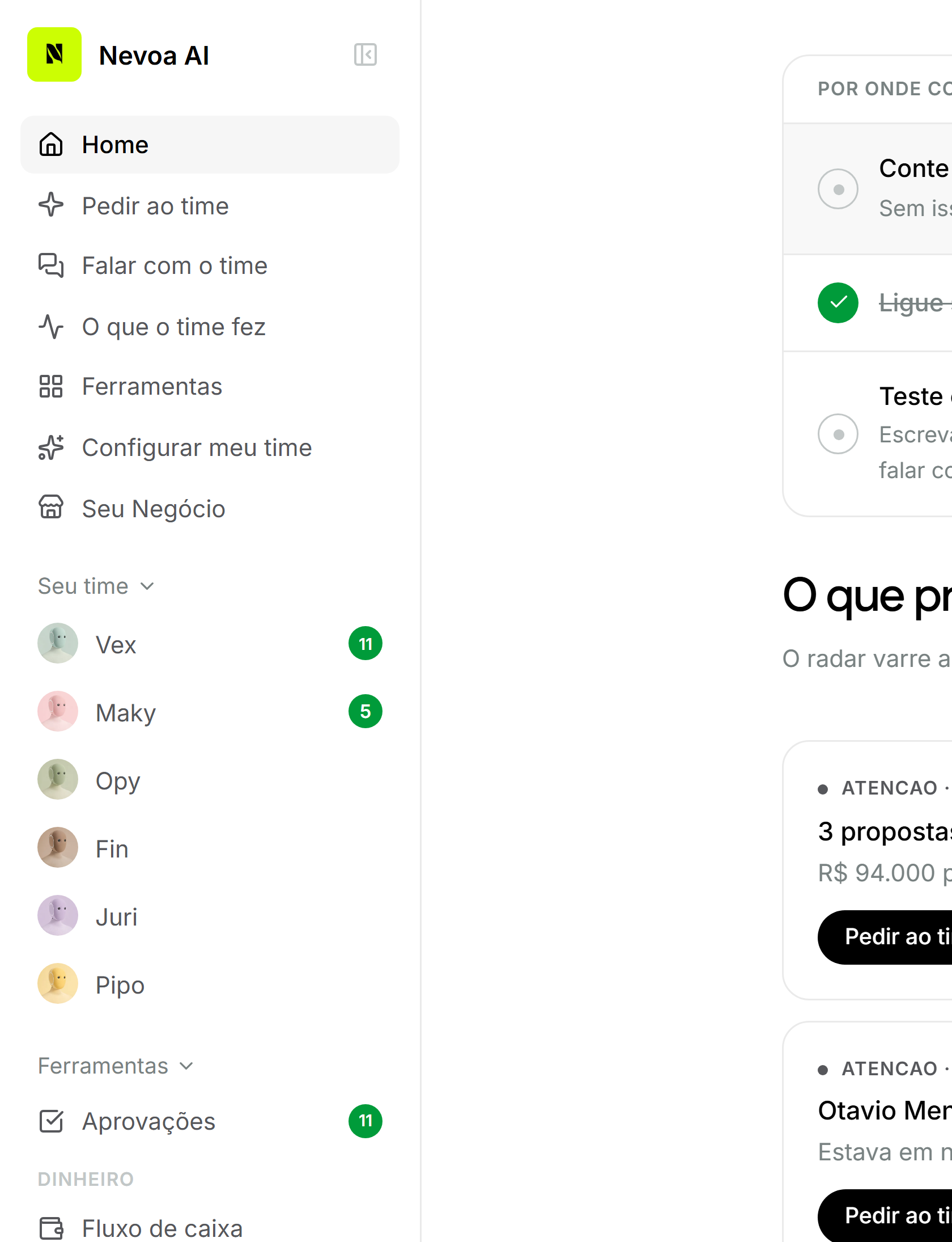 O painel do Nexo, com os seis agentes e as notificações de cada um